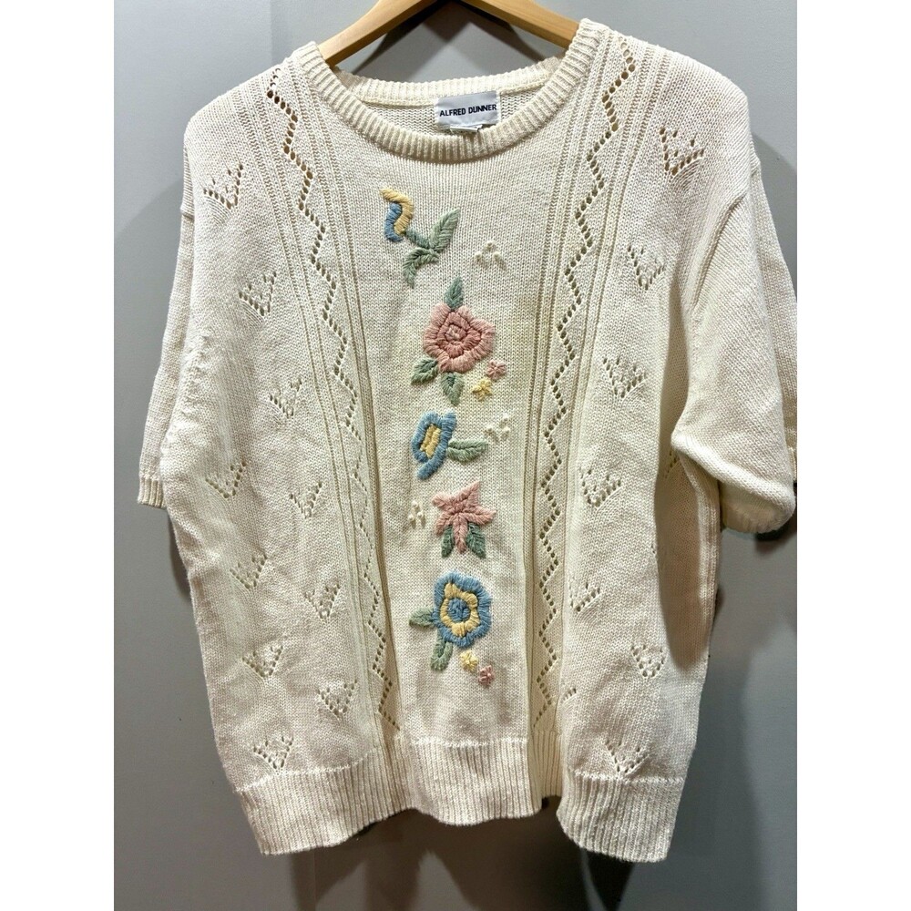 VTG Cottagecore Ramie Cotton Floral Pearl Embroidered Pointelle Knit Sweater 42